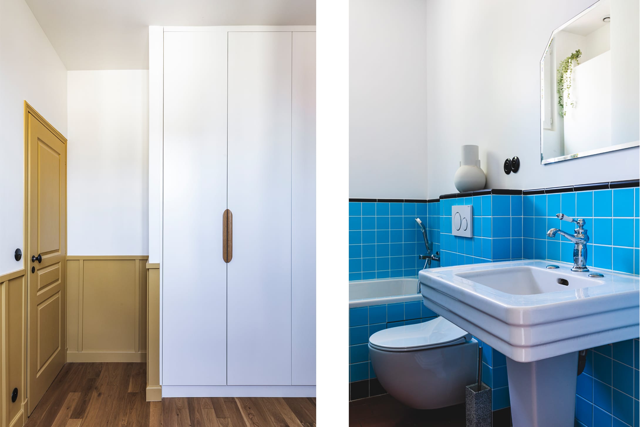 chambre jaune, salle de bain bleu